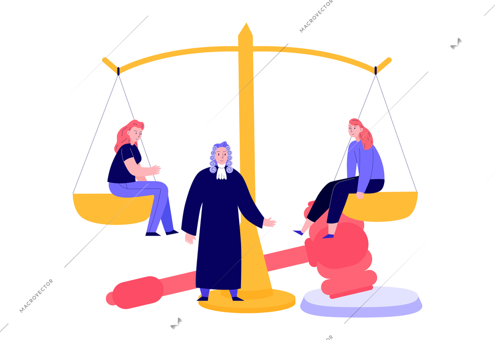 Lawyer justice law composition with doodle characters of judge and women on balance weighs vector illustration