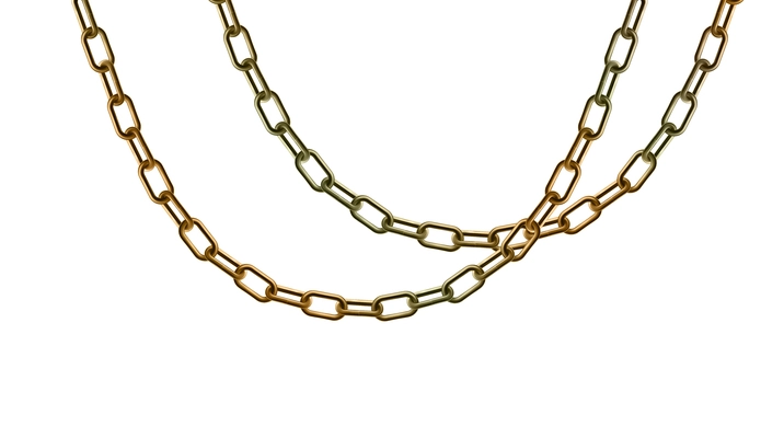 Golden chain realistic composition of hanging golden chains on blank background vector illustration