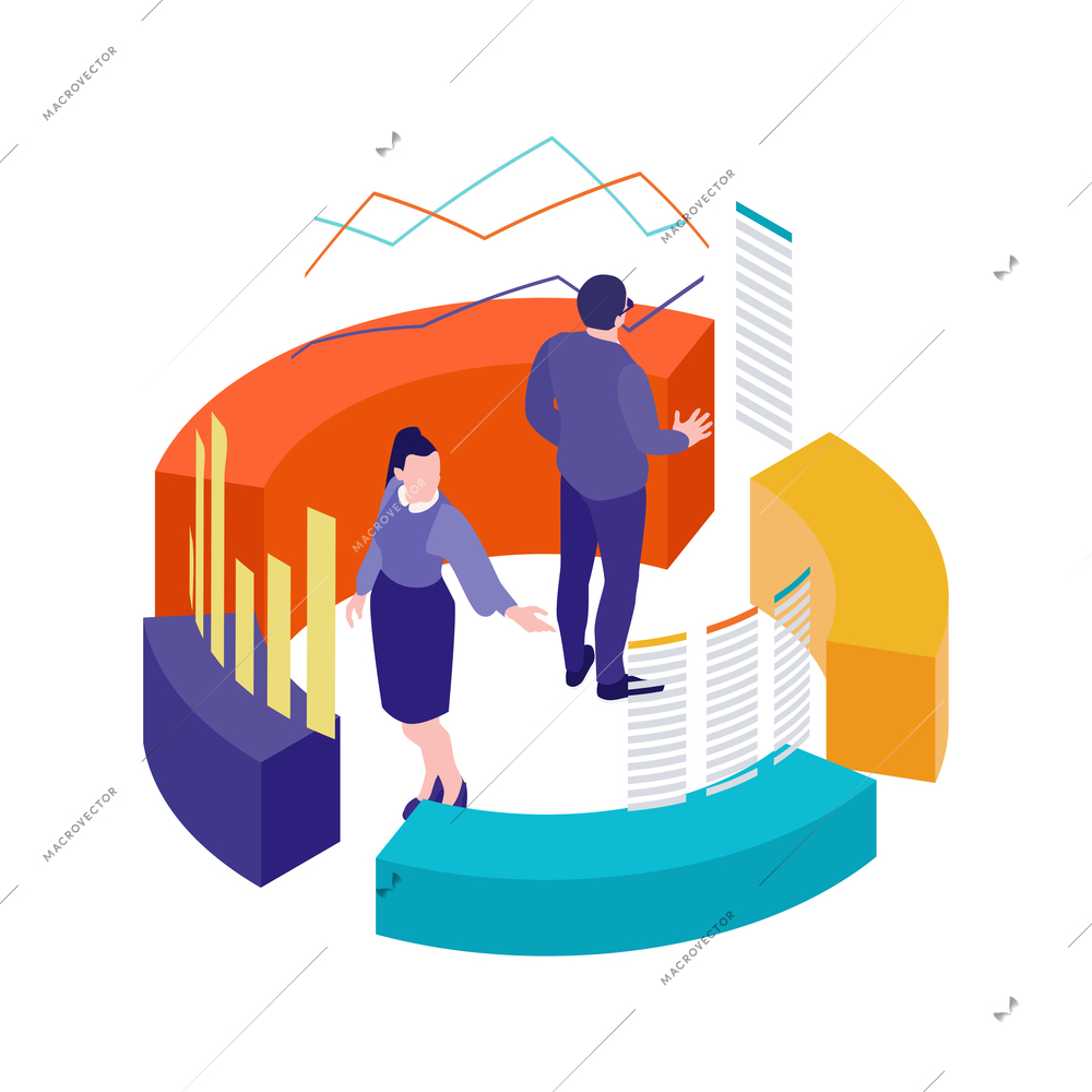 Isometric accounting financial audit composition with human characters surrounded by screens and radial chart elements vector illustration