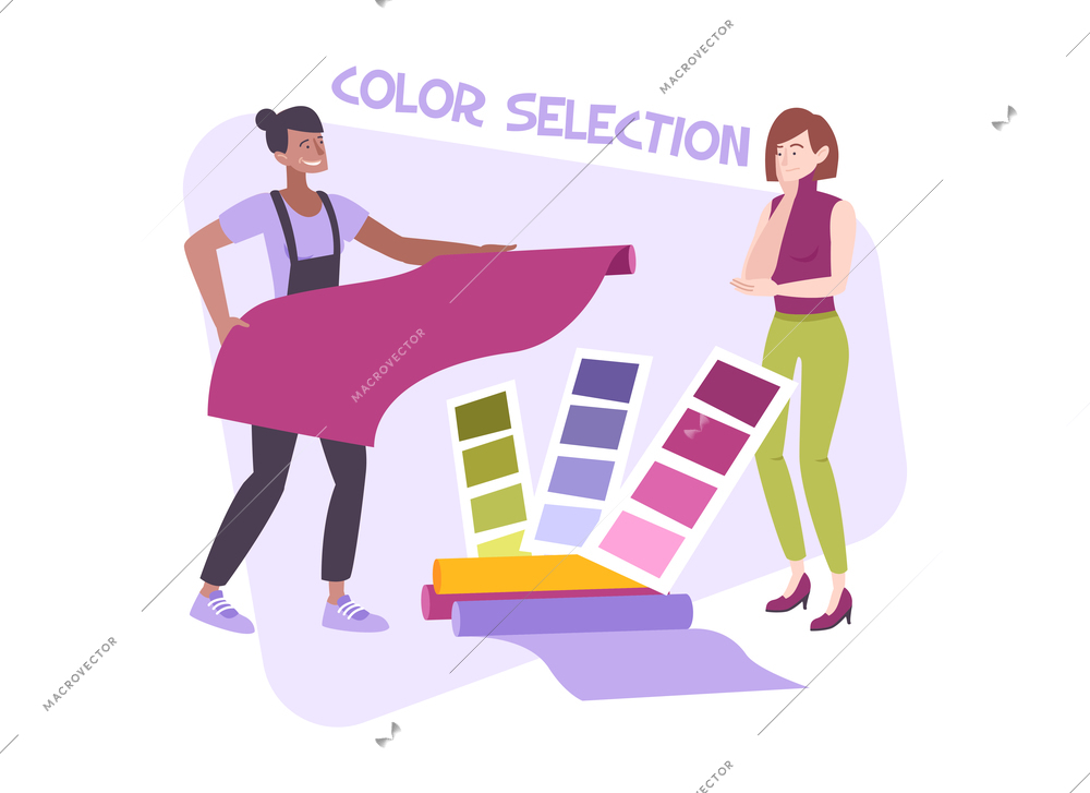 Design interior composition with text and characters of client and designer with color palette vector illustration