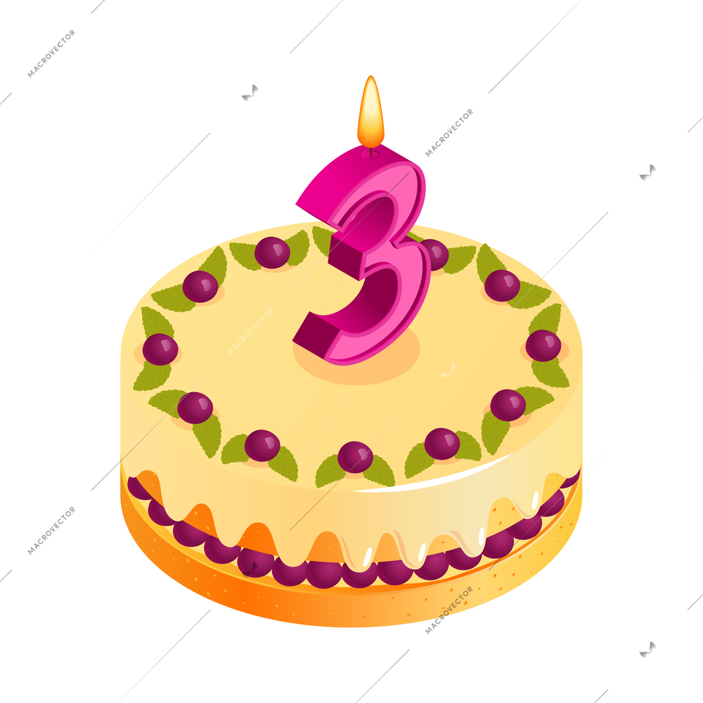 Birthday cake composition with isolated image of sweet cake for anniversary with cream toppings and digit shaped candle isometric vector illustration