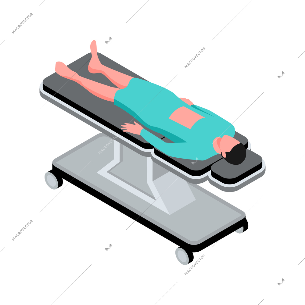 Isometric surgeon doctor composition with isolated view of wheel cart with lying patient vector illustration