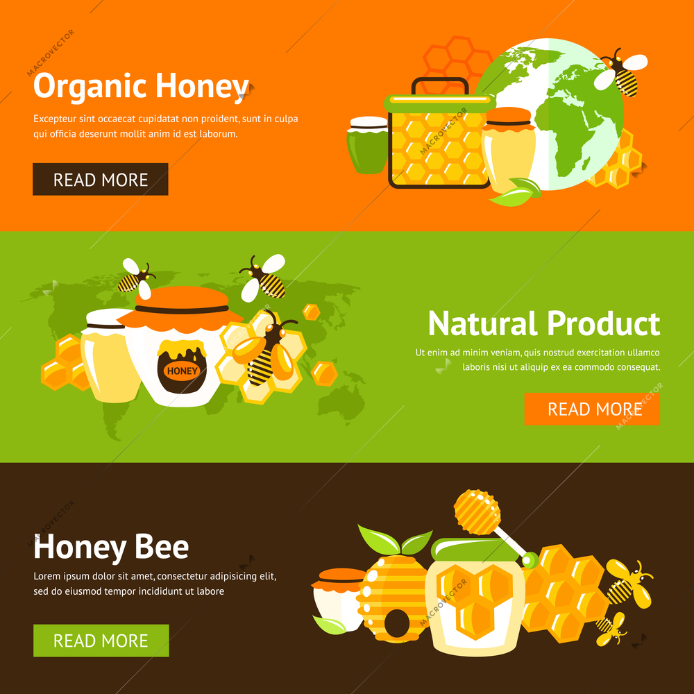 Honey organic natural product drop comb bee hive and cell food agriculture flat banner set isolated vector illustration