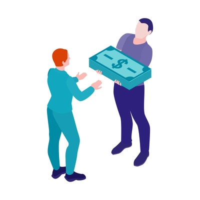 Isometric accounting financial audit composition with two human characters holding stack of banknotes vector illustration