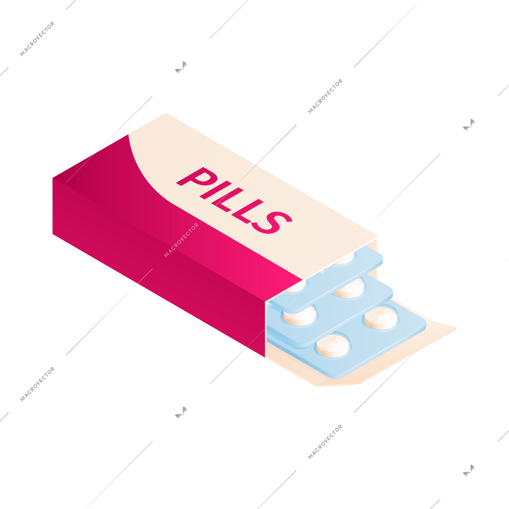Isometric medicine pharmacy composition with isolated image of pills pack on blank background vector illustration