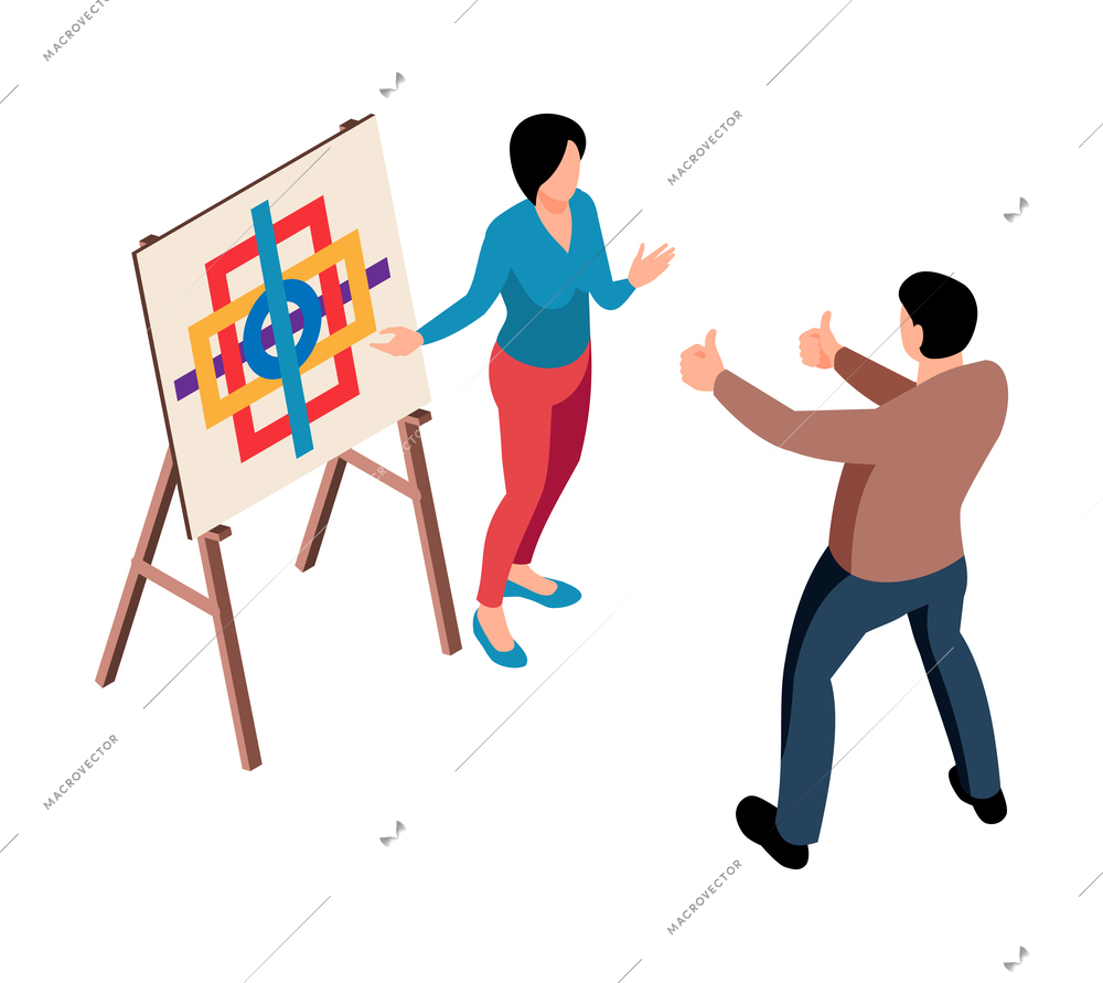 Isometric exhibition art gallery artist curator composition of male character showing respect to female painter vector illustration