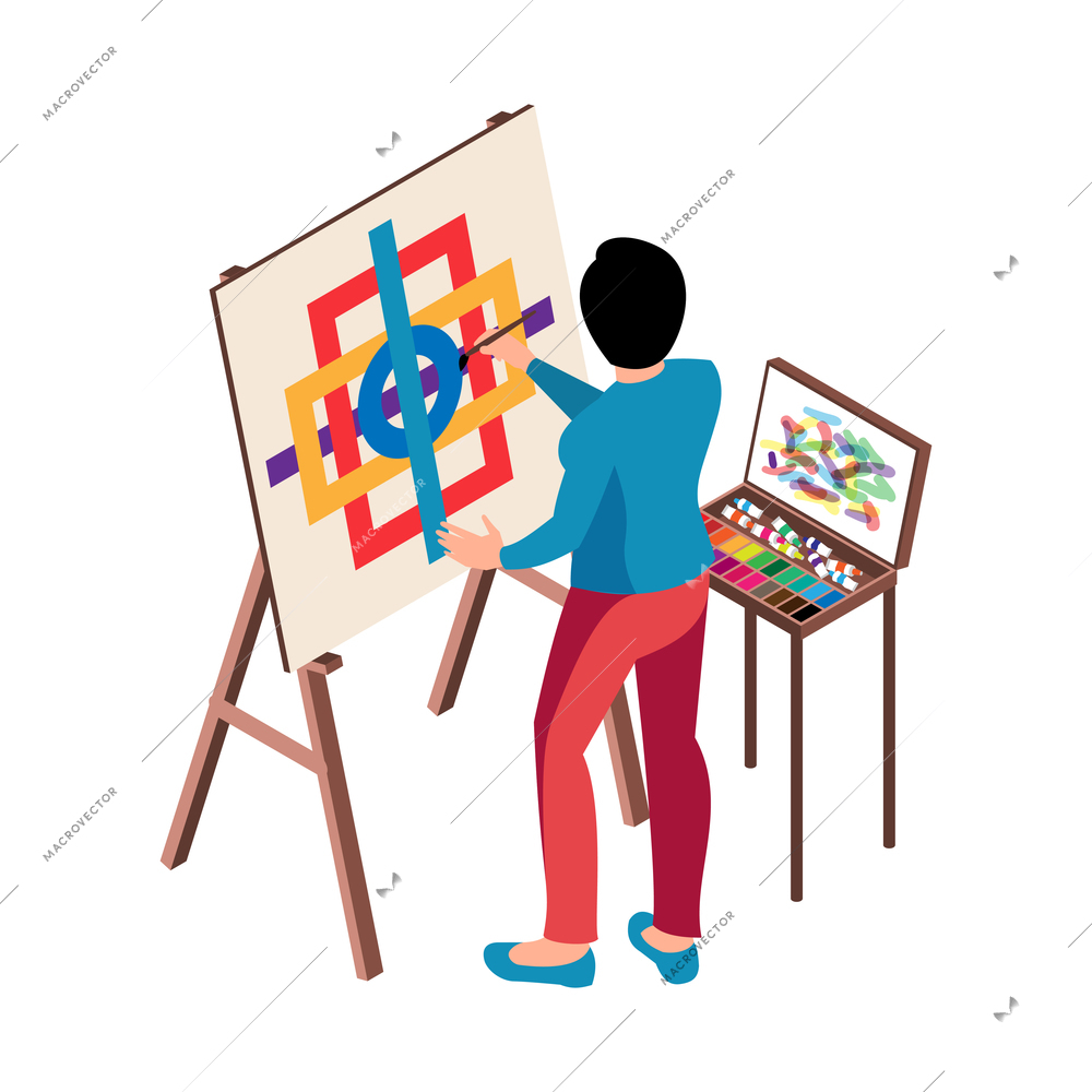 Isometric exhibition art gallery artist curator composition of isolated human character of female painter at work vector illustration