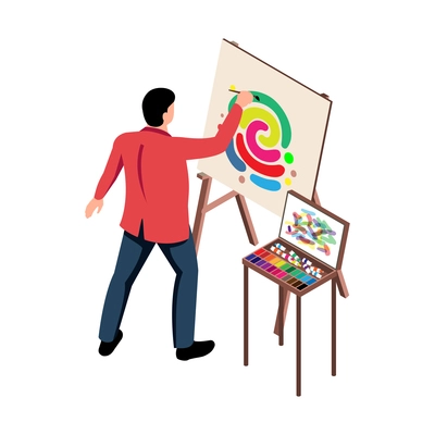 Isometric exhibition art gallery artist curator composition of isolated human character of male painter at work vector illustration