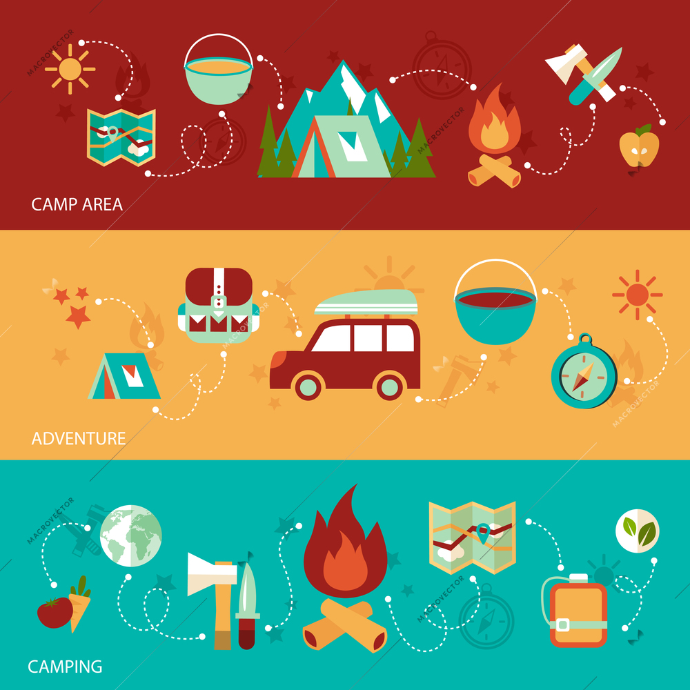 Camping summer outdoor activity flat banner set with camp area adventure isolated vector illustration