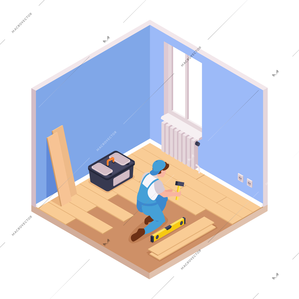 Isometric repairs composition with view of living room with character of repairman renovating floor vector illustration