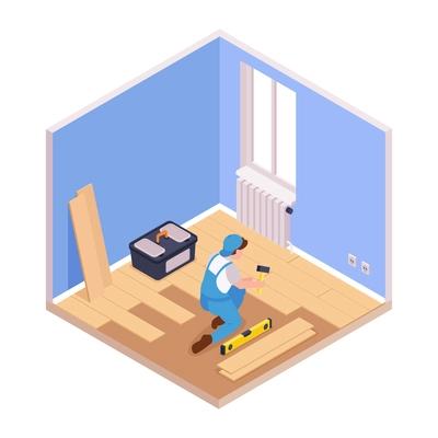 Isometric repairs composition with view of living room with character of repairman renovating floor vector illustration