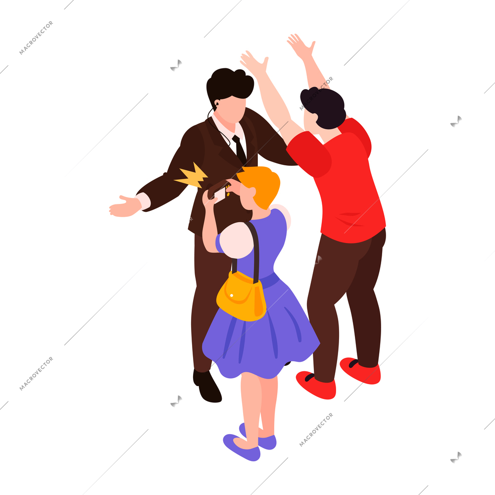 Isometric celebrities red carpet paparazzi composition with isolated human characters vector illustration