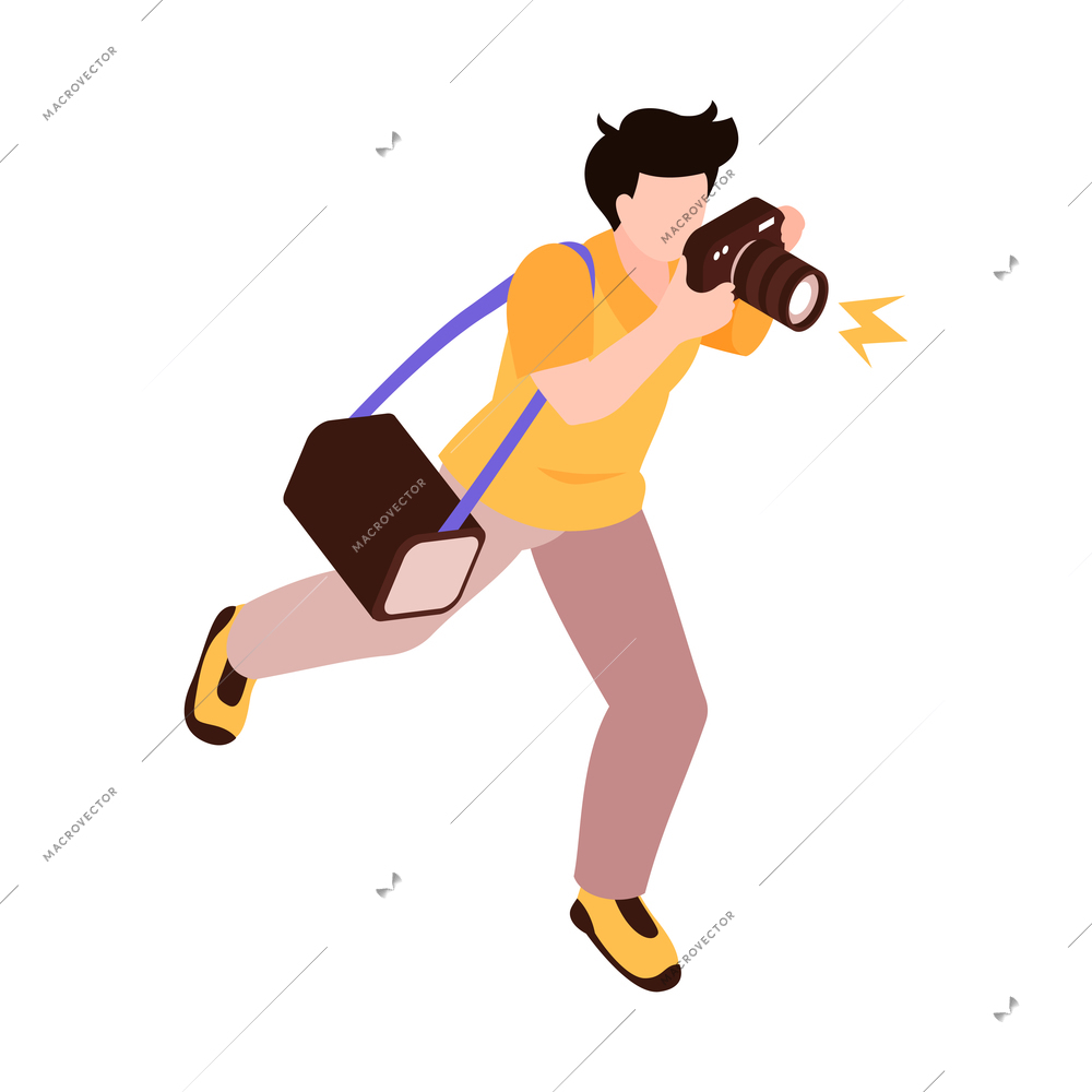 Isometric celebrities red carpet paparazzi composition with isolated human character of guy running with camera vector illustration