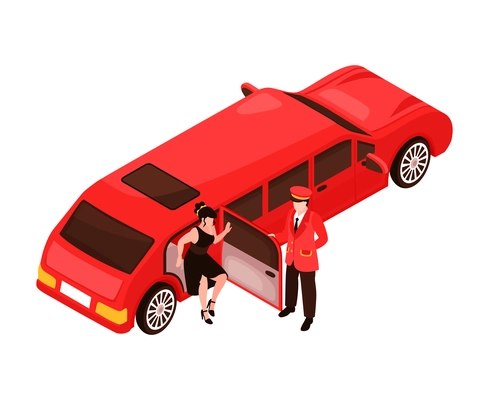 Isometric celebrities red carpet paparazzi composition with female celebrity stepping out of limo car with doorkeeper vector illustration