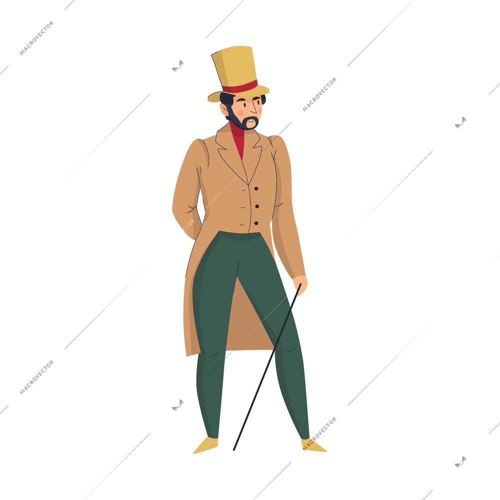 18th 19th century old town fashion composition with isolated human character of man in hat vector illustration