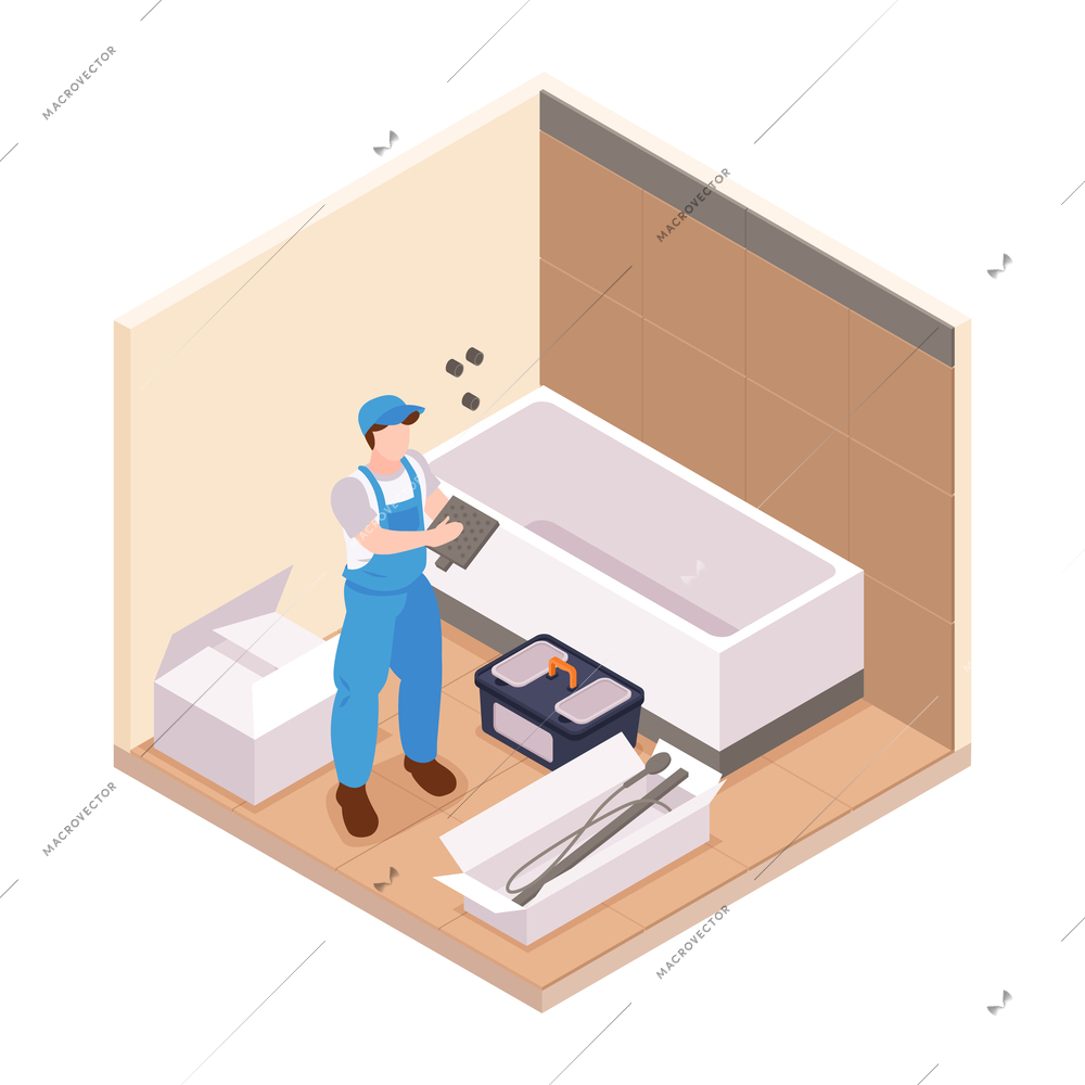 Isometric repairs composition with view of bathroom with character of repairman vector illustration