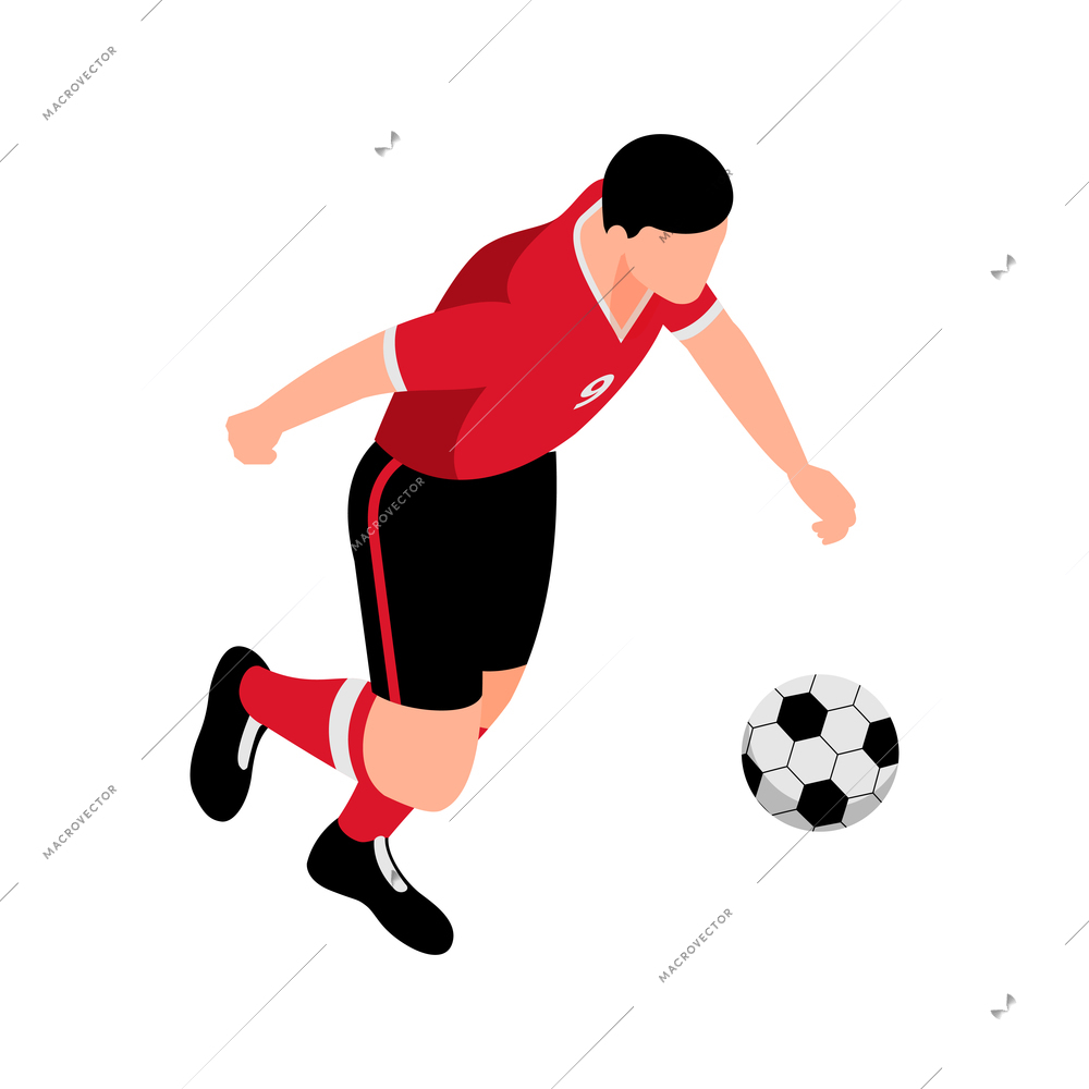 Isometric football soccer sport composition with isolated human character of footballer with ball vector illustration