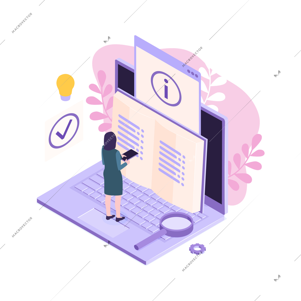 Isometric customer support faq composition with human character and book with info sign and laptop vector illustration