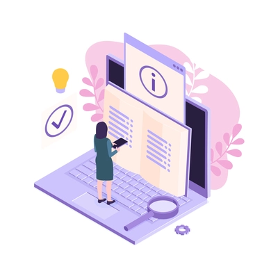 Isometric customer support faq composition with human character and book with info sign and laptop vector illustration