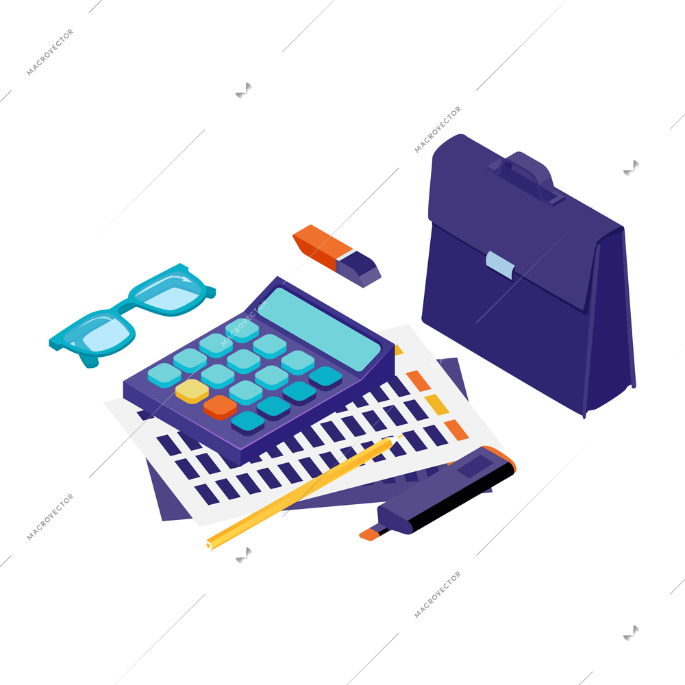 Isometric accounting financial audit composition with stack of papers calculator and suitcase with eyeglasses and pencil vector illustration