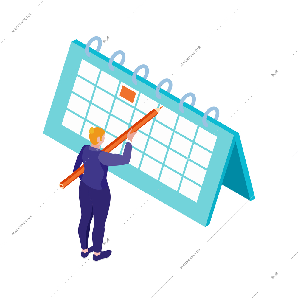 Isometric accounting financial audit composition with female character making marks in desktop calendar vector illustration