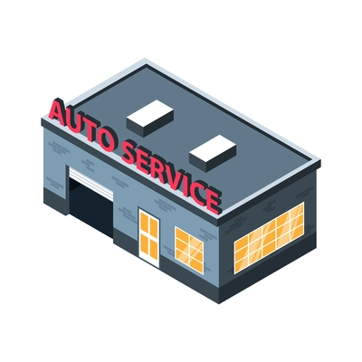Isometric auto repair composition with isolated image of car service building on blank background vector illustration