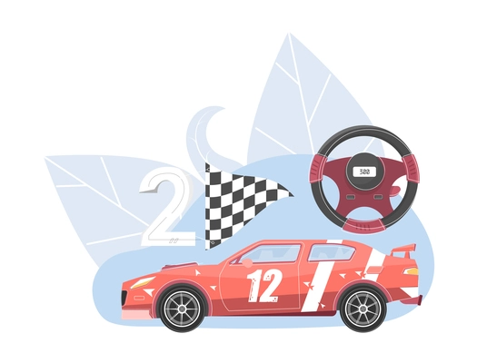 Car racing composition with images of car and steering wheel vector illustration