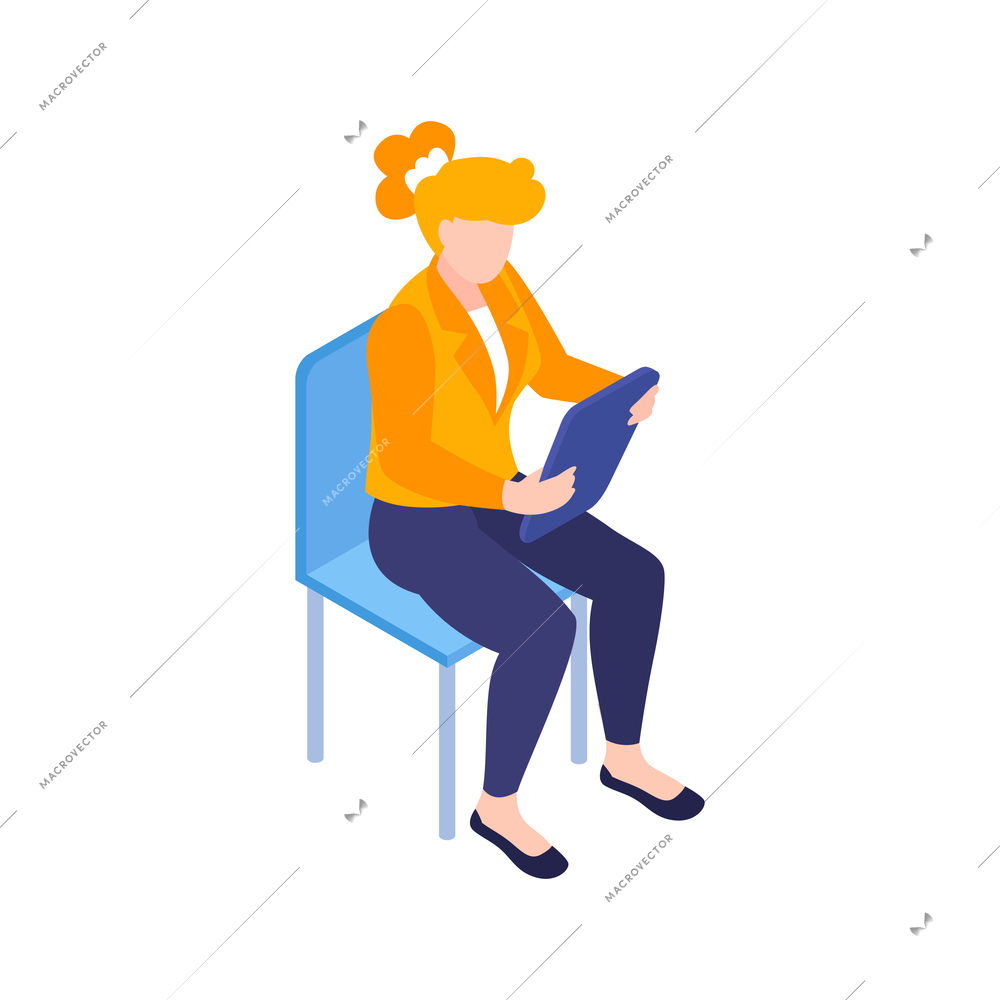 Isometric business education coaching training composition with female character sitting on chair vector illustration