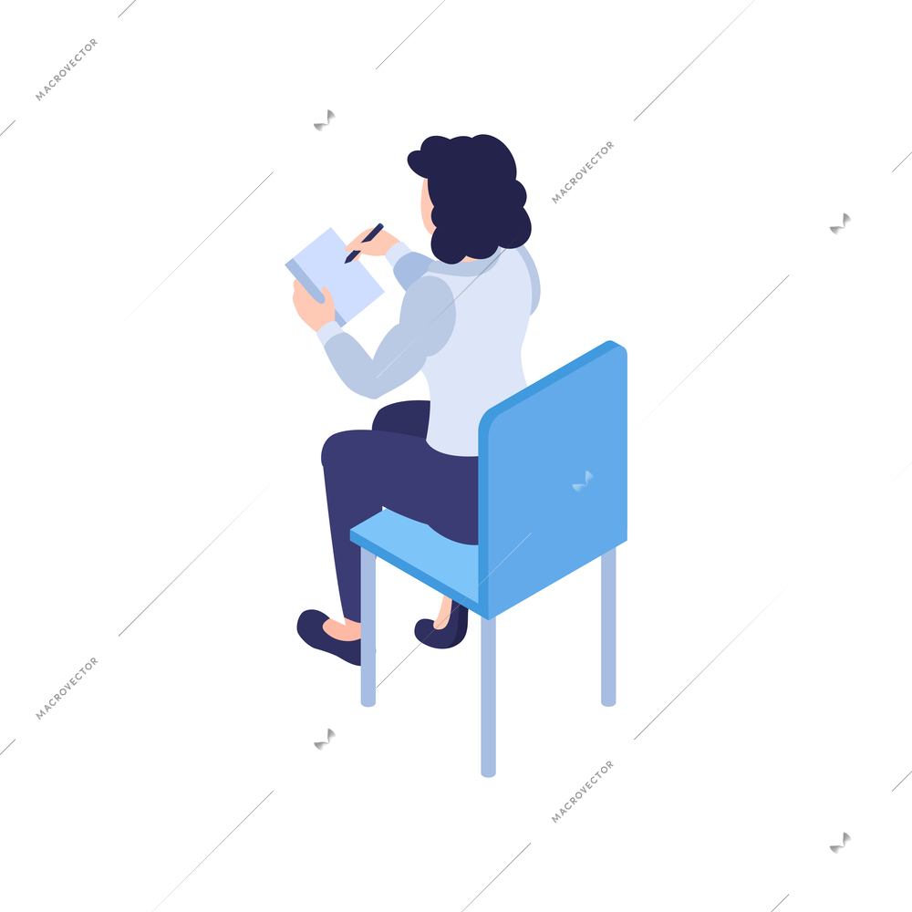 Isometric business education coaching training composition with female character sitting on chair vector illustration