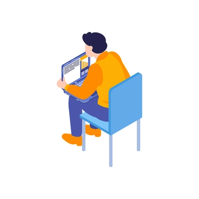 Isometric business education coaching training composition with male character sitting on chair vector illustration