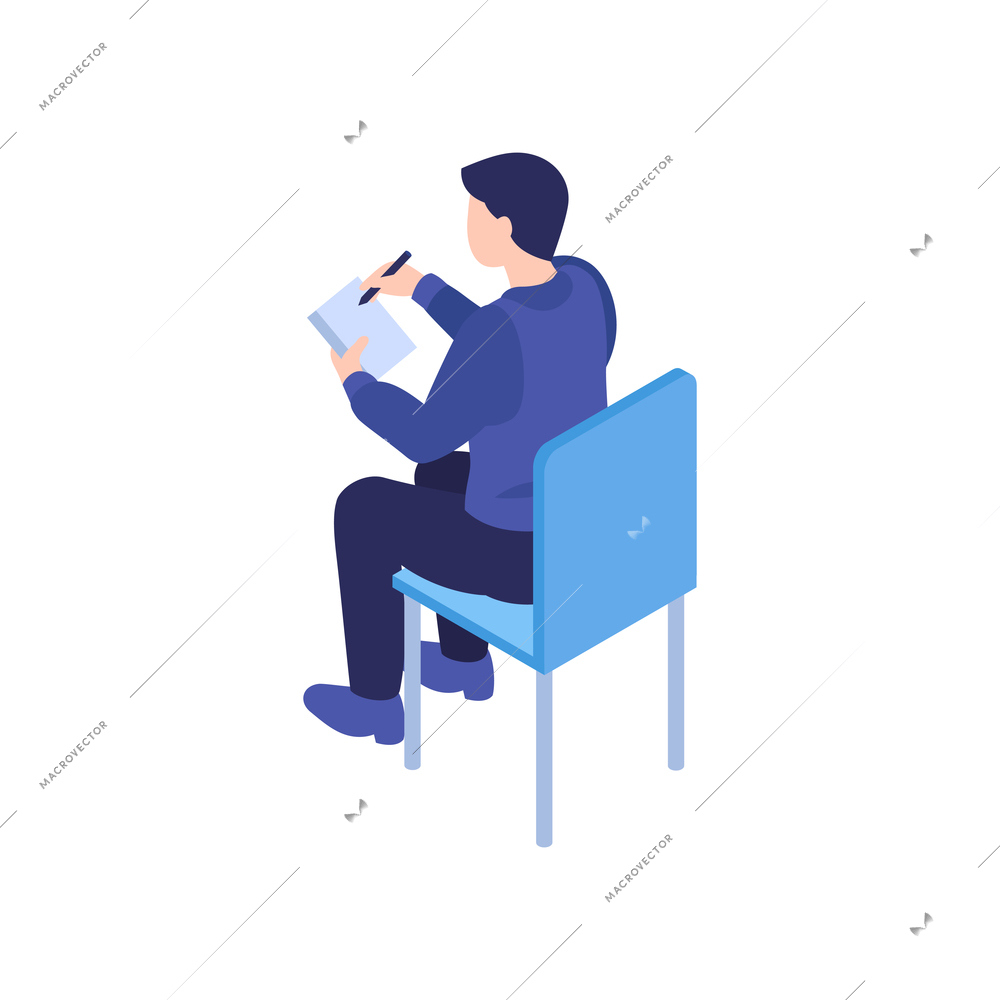 Isometric business education coaching training composition with male character sitting on chair vector illustration