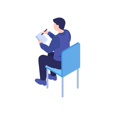 Isometric business education coaching training composition with male character sitting on chair vector illustration