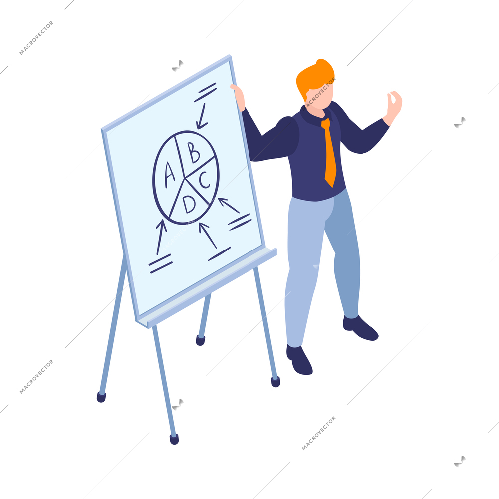 Isometric business education coaching training composition with male character of business coach with board vector illustration