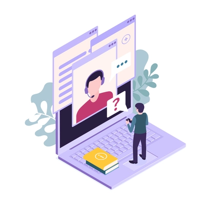 Isometric customer support faq composition with human character and computer with question mark vector illustration