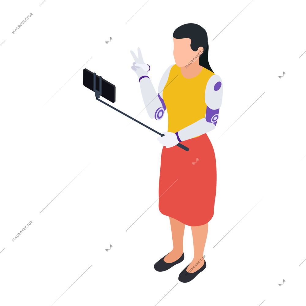 Disabled people isometric composition with human character of woman with artificial hands making selfie with stick vector illustration