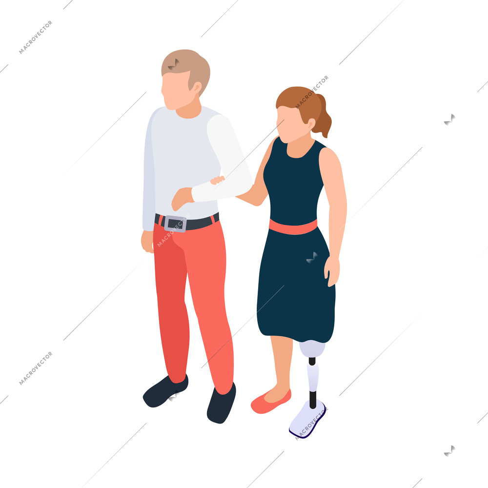 Disabled people isometric composition with human characters of loving couple with woman having artificial leg vector illustration