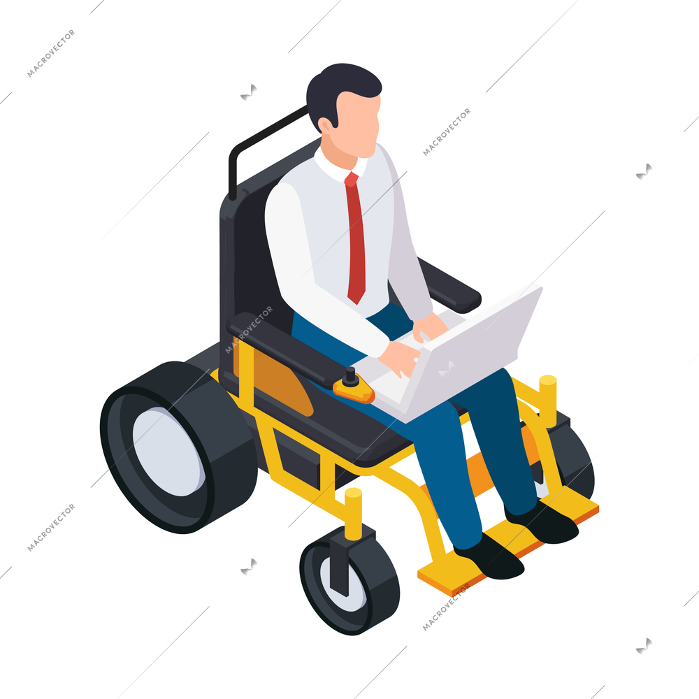 Disabled people isometric composition with human character of office clerk with laptop on wheelchair vector illustration