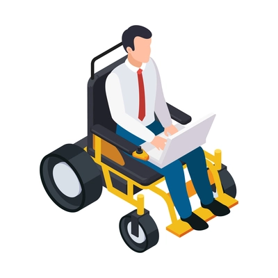 Disabled people isometric composition with human character of office clerk with laptop on wheelchair vector illustration