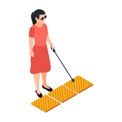 Disabled people isometric composition with human character of blind woman touching tiles with stick vector illustration