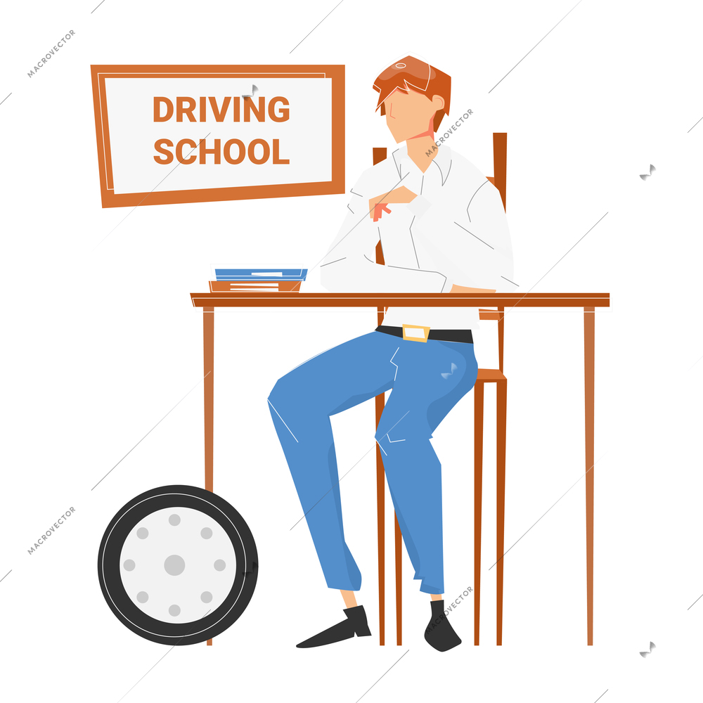 Driving school flat composition with view of student sitting at desk with books and wheel with editable text vector illustration