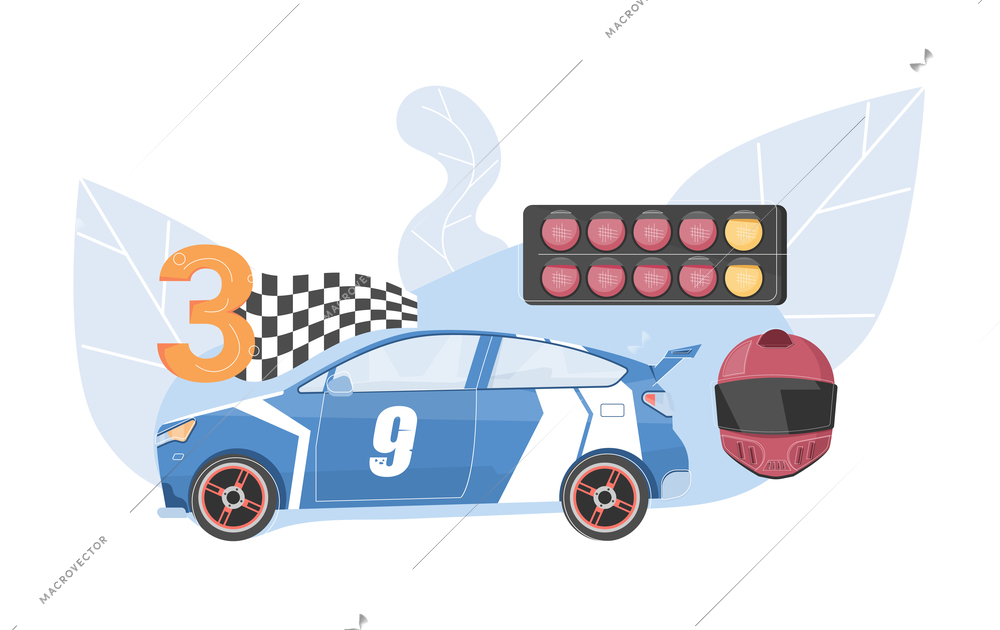 Car racing composition with images of traffic lights car and helmet vector illustration