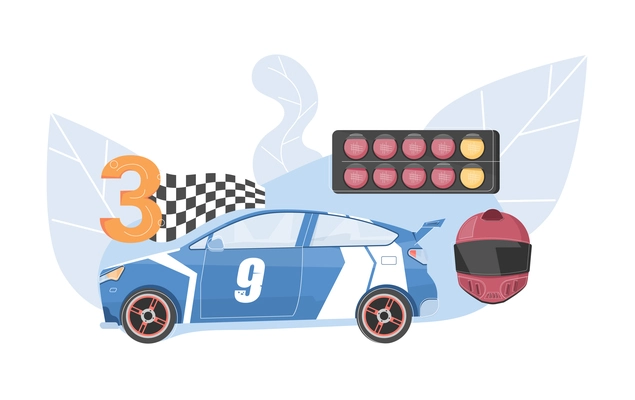 Car racing composition with images of traffic lights car and helmet vector illustration