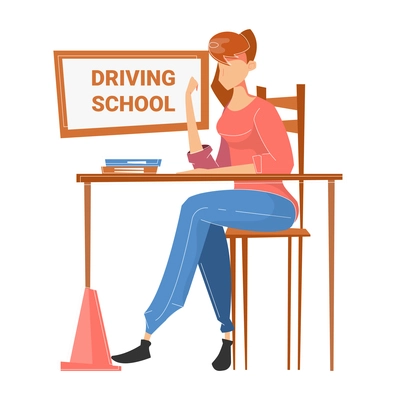 Driving school flat composition with character of female student sitting at desk with text vector illustration