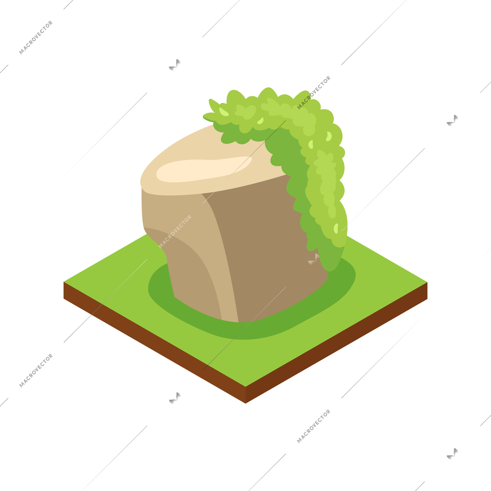 Isometric jungle composition with square piece of terrain and stone with moth grass vector illustration