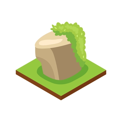 Isometric jungle composition with square piece of terrain and stone with moth grass vector illustration