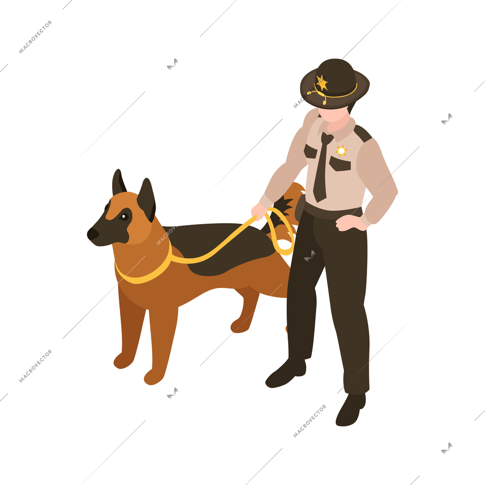 Isometric sheriff composition with character of sheriff with police dog vector illustration