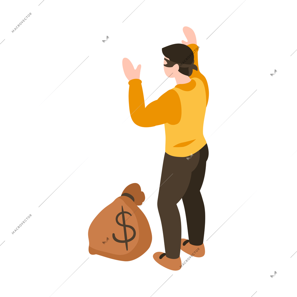 Isometric sheriff composition with human character of surrendering criminal with sack of money vector illustration