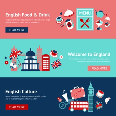 England banner set with english food and drink culture isolated vector illustration