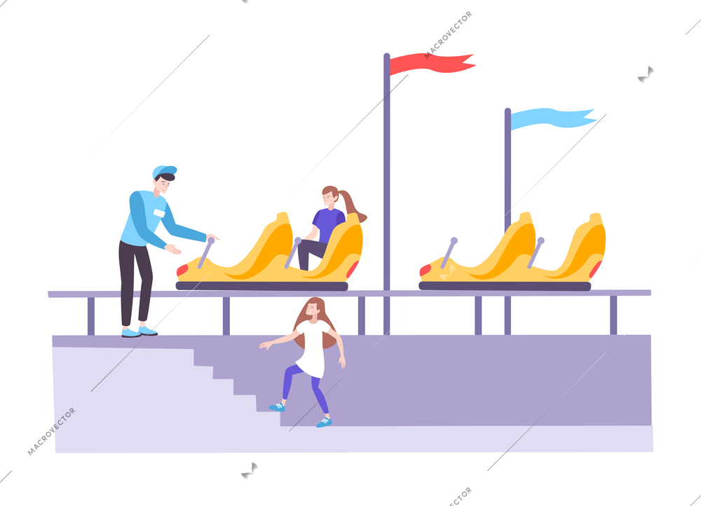 Roller coaster set flat composition with view of roller coaster boarding with worker and guests sitting in cars vector illustration