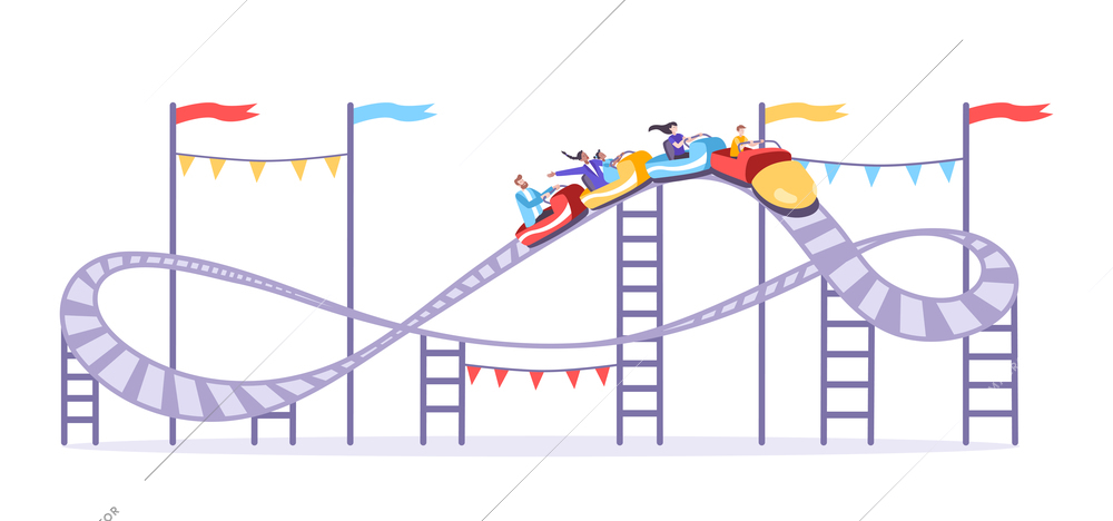 Roller coaster set flat composition with view of amusement ride with rails flags and people vector illustration